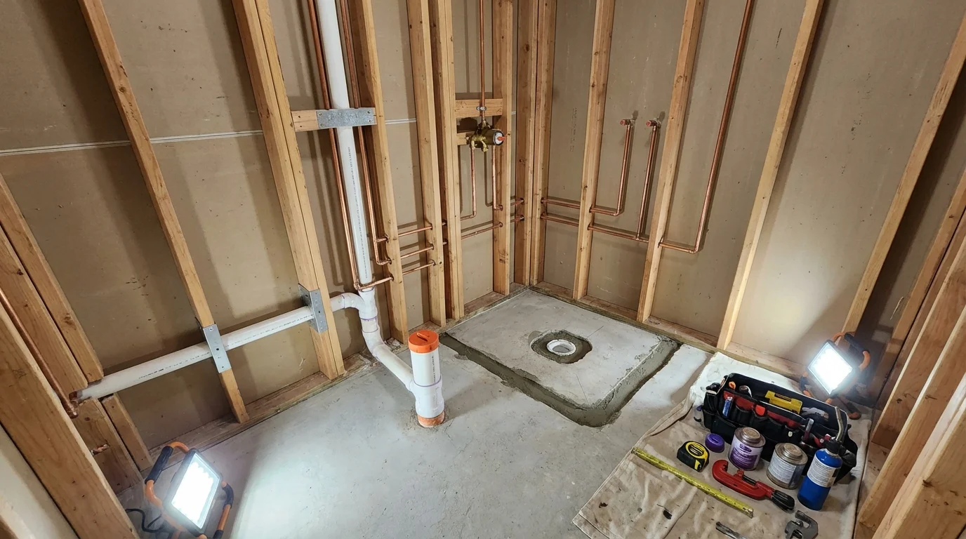 Bathroom rough-in plumbing during remodel by Johns Plumbing LLC in Highland Park