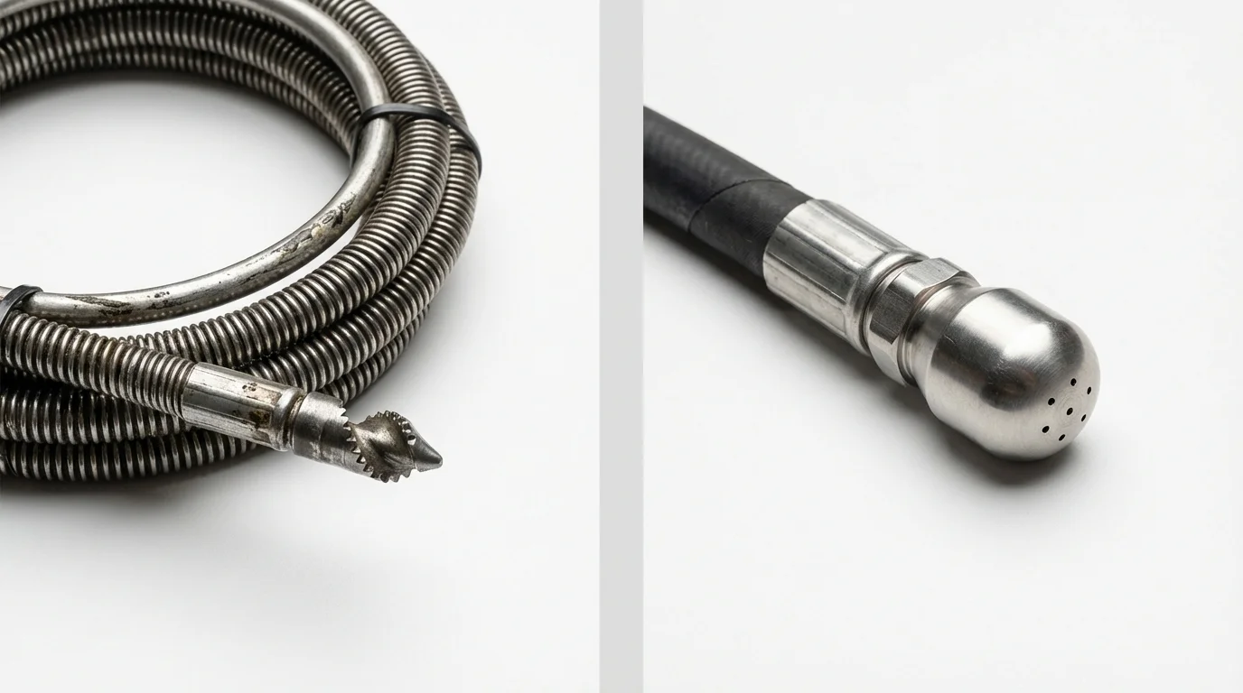Drain snake cable and hydro jetting nozzle used for drain cleaning in Highland Park, NJ