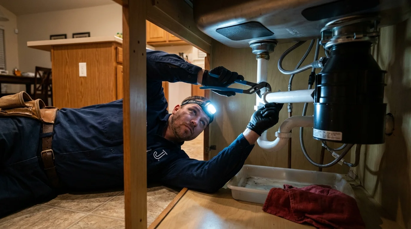 P-trap and supply line connections under a kitchen sink showing a common leak point in Highland Park, NJ